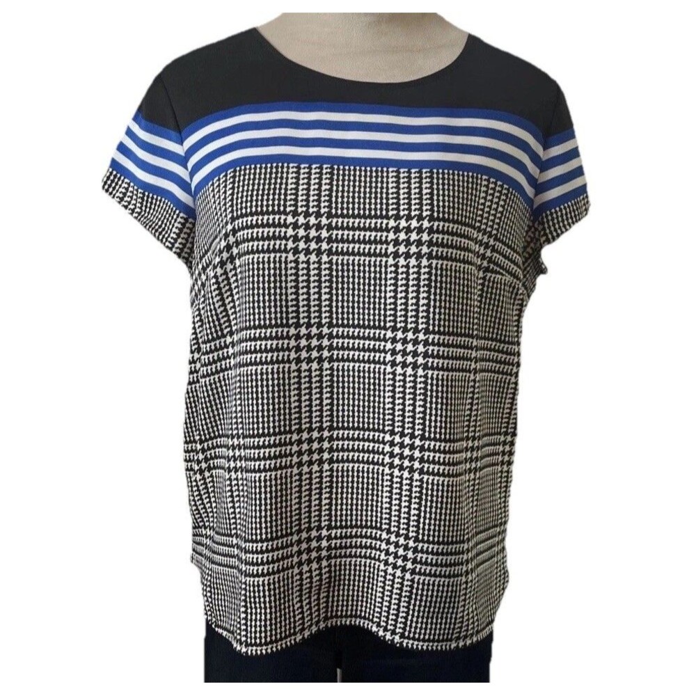 Jones NY Women's Short Sleeve Blouse Black Houndstooth Back Zipper Size 10